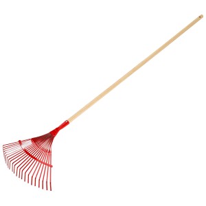 Fächerbesen mit 22 Zinken und Holzstiel zum Zusammenkehren von Laub und Gartenabfällen.