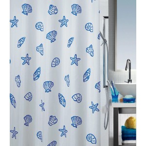 Tenda doccia Spirella Concha con conchiglie blu e motivo a stella marina, 180x200 cm.
