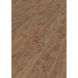 Sol stratifié Comfort Toscana Flair, structure bois vieilli, 7 mm, motif bois brun avec inscriptions italiennes.