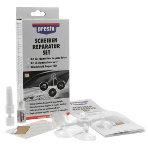 Kit riparazione vetro Presto per la riparazione di scheggiature e piccoli danni al vetro.