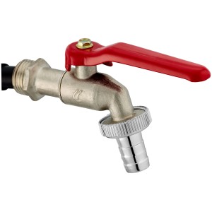 Robinet à tournant sphérique 21 mm avec levier rouge et raccord de tuyau pour raccordement d'eau.