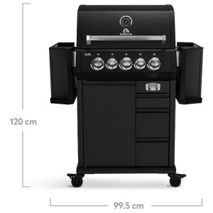 Burnhard Earl Premium Gasgrill Black Edition mit 3 Brennern und Gussrost, Frontansicht mit Maßangaben.