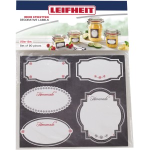 Leifheit Deko-Etiketten Schwarz-Weiß, 20er Set selbstklebende Küchenhelfer für Gläser und Flaschen.