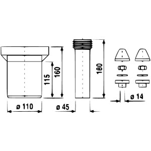 Dessin technique : Raccordement pour WC suspendu avec dimensions et détails.
