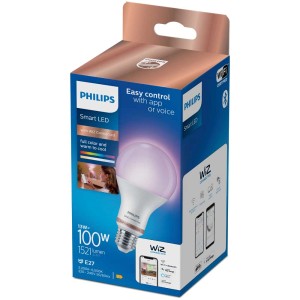 Lampadina Philips Smart LED E27, dimmerabile e colorata, nella confezione originale.