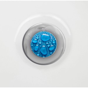 Tappo lavandino con design a gocce blu nel lavabo.