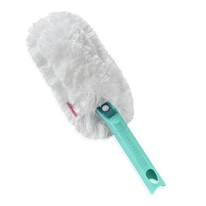 Plumeau Leifheit Superduster avec tête en microfibre blanche et manche turquoise.