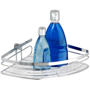 Étagère d'angle Premium Wenko en acier inoxydable, 26,5 cm, avec deux bouteilles bleues en décoration.