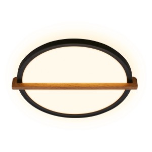 Plafonnier LED moderne avec décor bois et cadre noir, 18W, pour espaces de vie.
