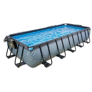 Piscine rectangulaire Exit Stone Grey avec cadre en acier, pompe et couverture.