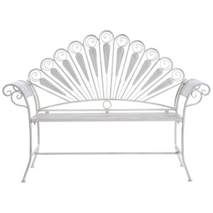 Banc de jardin en fer crème Pavia, design paon, dossier orné et aspect antique.