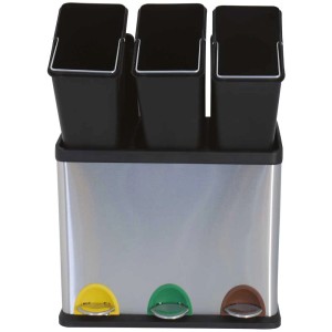 MSV pattumiera differenziata in acciaio inox, 60L, con 3 scomparti e pedali colorati.