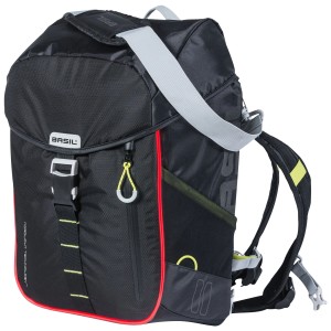 Schwarzer Basil Miles Nordlicht Fahrradrucksack, 17 Liter, mit LED-Streifen und Tragegurten.