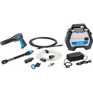 Set pulitore a media pressione a batteria Gloria MultiJet 36V con lancia, ugelli, tubi e caricabatterie.