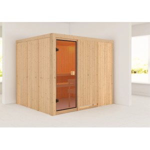 Sauna Karibu Nybro con porta in vetro bronzato, ingresso frontale. Sauna in legno massello per momenti di relax.