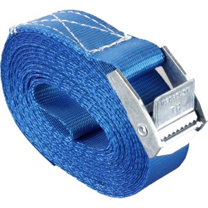 Sangle d'arrimage bleue (25 mm x 4,5 m) avec boucle de serrage pour fixation sécurisée.