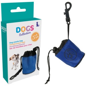 Blaue Hundesnacktasche aus Polyester mit Karabiner zur Befestigung.