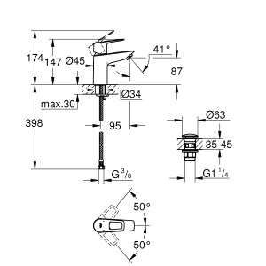 Schéma technique : Mitigeur de lavabo Grohe QuickFix Start Loop avec dimensions.