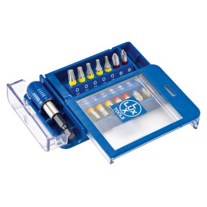 Set di inserti LUX, 15 pezzi in scatola blu con vari inserti per cacciavite.