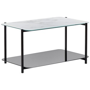 Table basse Gloster moderne avec plateau en verre effet marbre blanc et structure en métal noir. Étagère inférieure.