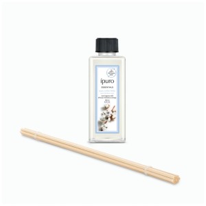 Ipuro Raumduft Refill Cotton Fields 200 ml Flasche mit schwarzem Deckel und 7 Diffuserstäbchen für frischen Baumwollduft.