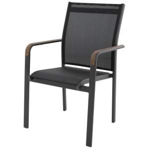 Chaise empilable Doppler Expert Plus, anthracite-noir, avec accoudoirs aspect bois. Chaise de jardin pour extérieur.
