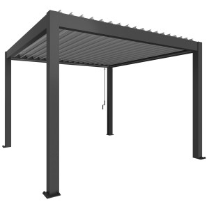 Pergola Biohort, grigio scuro/argento metallizzato, 3,5x3,5m. Copertura per patio con lamelle regolabili.