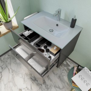 Meuble sous-vasque Pelipal Trentino, anthracite brillant, 75 cm avec deux tiroirs ouverts.