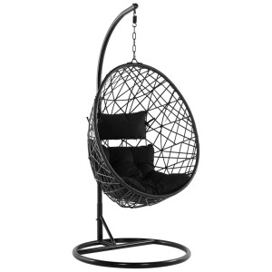 Sedia sospesa nera Beliani Alatri con struttura in polyrattan, cuscini inclusi.
