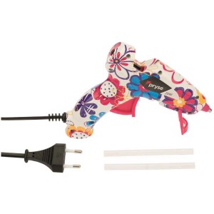 Mini pistolet à colle chaude coloré (20 W) avec motif floral et deux bâtons de colle.