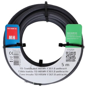 Cavo tessile TD H05VV-F antracite, rotolo da 5 m. Cavo flessibile per luci ed elettrodomestici.