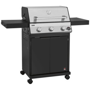Barbecue à gaz Jamestown Kane 3 brûleurs avec capot en inox et meuble noir.