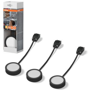 Osram LED-Unterschrankspots Puck, 3er-Set, Aluminium schwarz, Ø 6,5cm, 3W. Kompakte Unterbauleuchten.