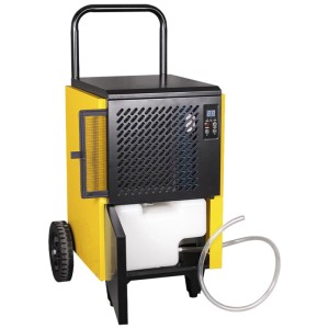 Déshumidificateur de chantier Kibernetik B50, noir-jaune, mobile avec roues, poignée, écran digital et réservoir.
