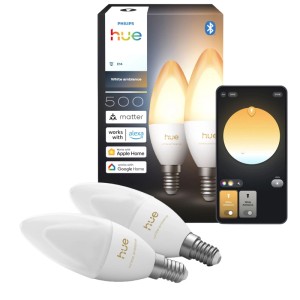 Deux ampoules LED Philips Hue E14 forme flamme, lot de 2, avec contrôle app. Lumière blanche chaude à froide réglable.
