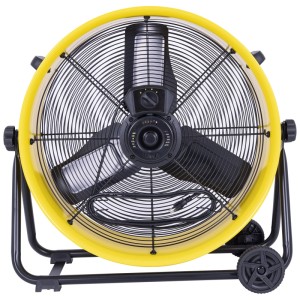 Ventilateur industriel Stanley jaune Ø 61 cm avec grille de protection noire et support.