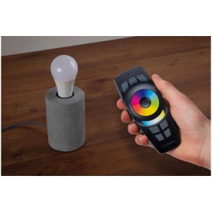 Paulmann SmartHome Fernbedienung in Schwarz mit Wandhalterung neben Lampe mit Leuchtmittel.
