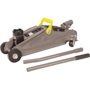 Cric a carrello B-RWH-2000 A grigio con maniglia e leva gialle per manutenzione e riparazione auto.