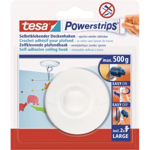 Tesa Powerstrips gancio per soffitto, bianco, con 2 Powerstrips Large per un facile fissaggio delle decorazioni.