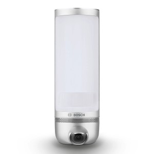 Bosch Smart Home Eyes I Außenkamera in Silber, mit integrierter Leuchte und Kameraobjektiv.