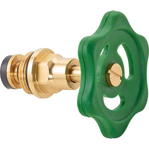 Robinet d'équerre en laiton 21 mm (G 1/2) avec volant vert pour réguler le débit.