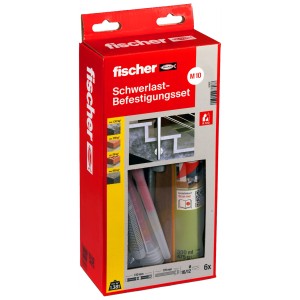 Set di fissaggio Fischer M10 per carichi pesanti in confezione rossa con malta, barra filettata e ugelli per tasselli.