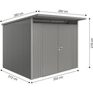 Abri de jardin métallique Biohort AvantGarde A6, gris quartz métallisé, avec double porte et dimensions.