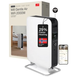 Radiateur à huile blanc Mill Gentle Air WiFi 2000W avec contrôle via application et design scandinave.
