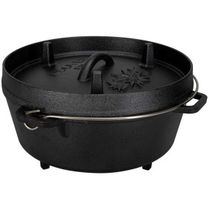 Schwarzer Camping Dutch Oven (5,7 l) aus Gusseisen mit Deckel, Henkel und Haken.