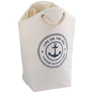 Cesto portabiancheria Wenko Sylt beige e blu (58 l) con motivo ancora marittimo e manici.