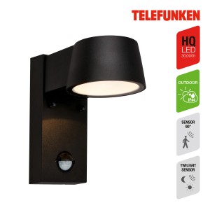 Applique murale extérieure à LED Telefunken noire avec détecteur, adaptée à un usage extérieur.