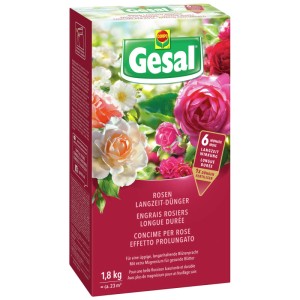 Gesal Engrais Rosiers Longue Durée 1,8kg, paquet avec image de roses pour une floraison abondante.