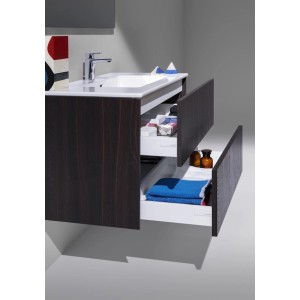 Ensemble de meubles de salle de bain Laufen Pro S, orme foncé, largeur 100 cm, avec système de tiroirs ouverts.