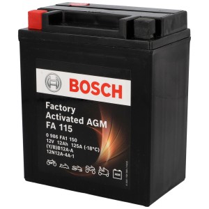 Batterie moto Bosch FA115 AGM, 12Ah, 125A, sans entretien et résistante aux vibrations.